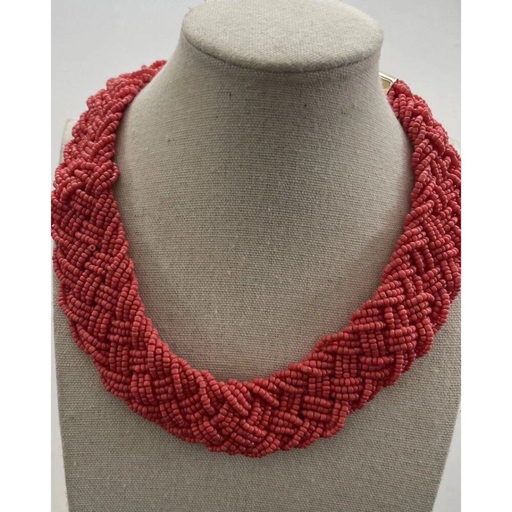 Vintage Red Color Seed Bead Multi strain Braid Beaded Collar Choker Necklace 17”